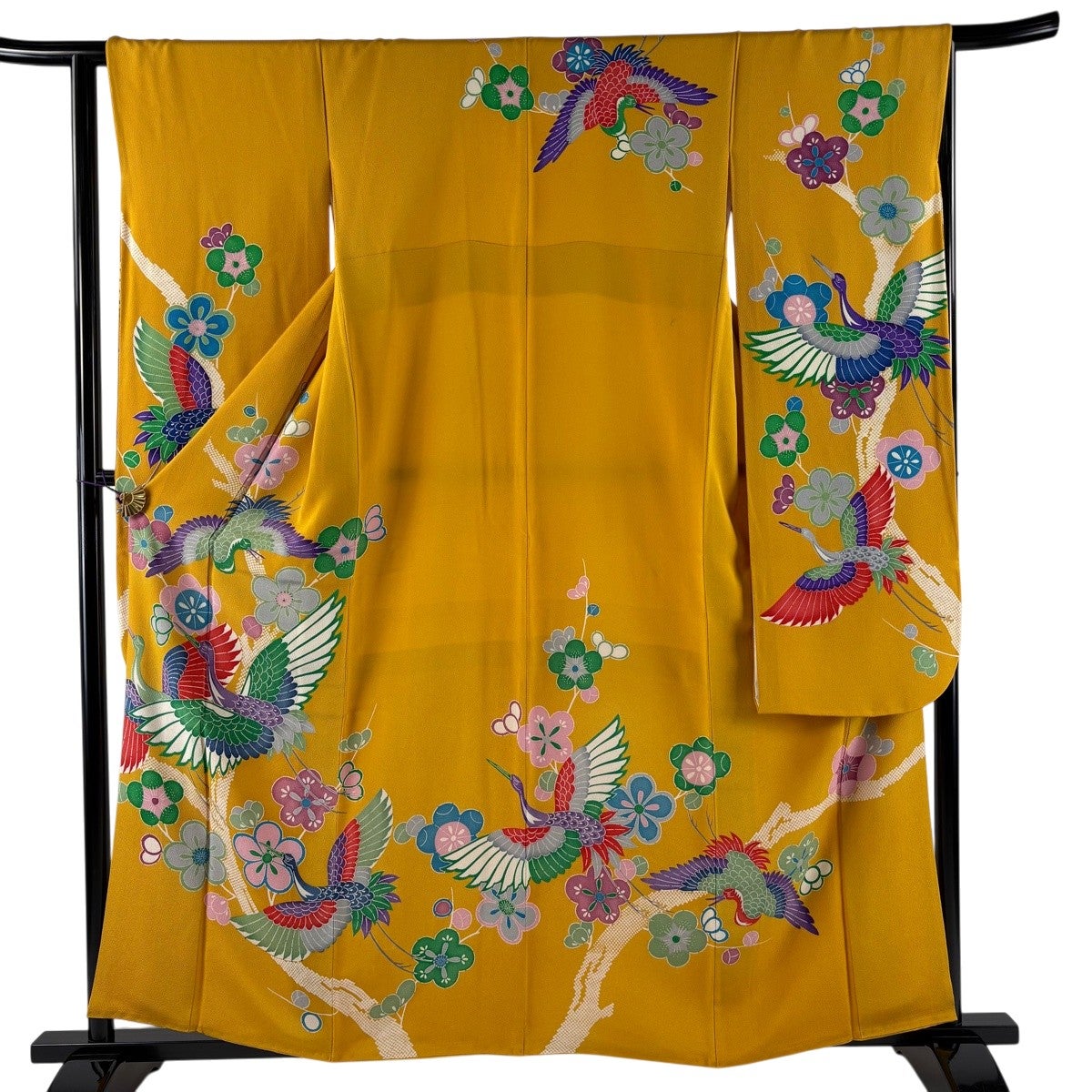 美品】 振袖 身丈158cm 裄丈64.5cm M 袷 鶴 梅 縮緬 山吹色 正絹 秀品