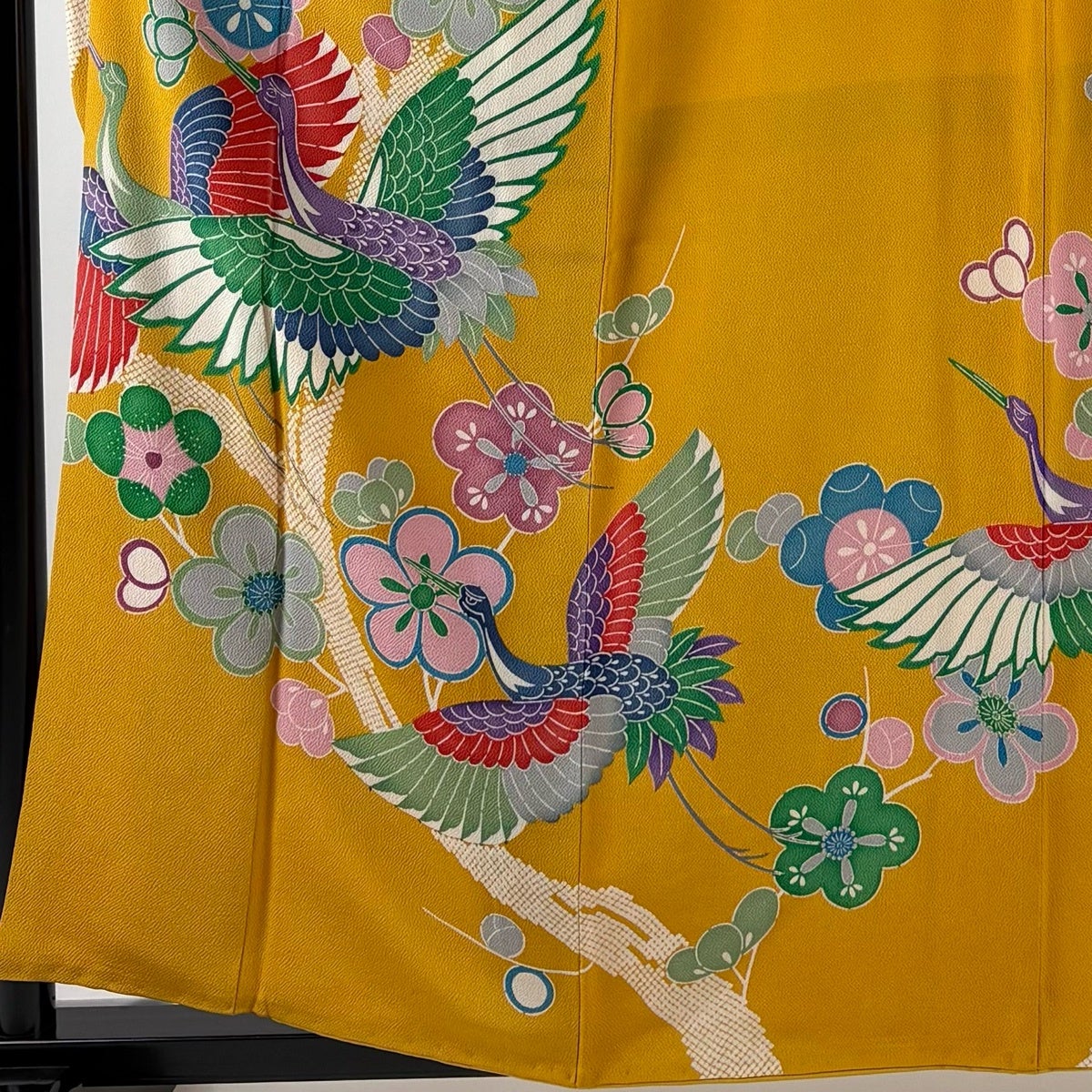 美品】 振袖 身丈158cm 裄丈64.5cm M 袷 鶴 梅 縮緬 山吹色 正絹 秀品