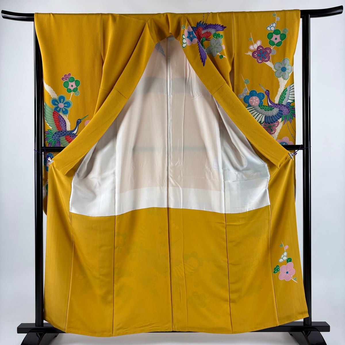 美品】 振袖 身丈158cm 裄丈64.5cm M 袷 鶴 梅 縮緬 山吹色 正絹 秀品