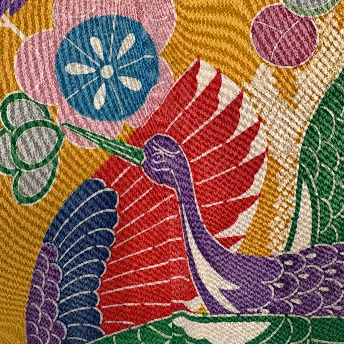 美品】 振袖 身丈158cm 裄丈64.5cm M 袷 鶴 梅 縮緬 山吹色 正絹 秀品