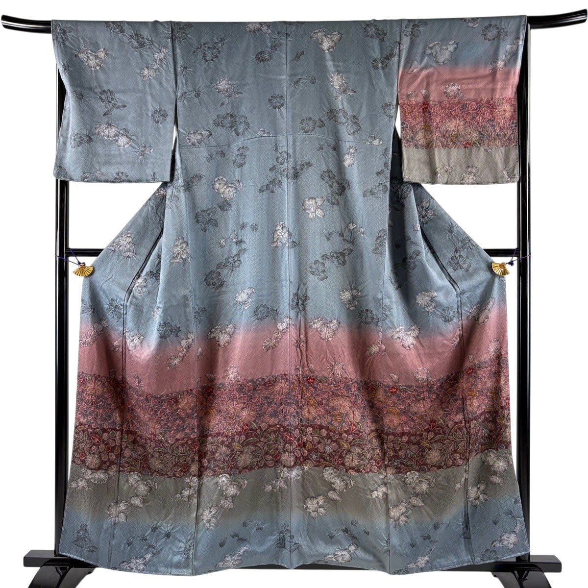 美品】 付下げ 身丈154.5cm 裄丈67cm M 薄物 絽 草花 ぼかし 灰色 正絹