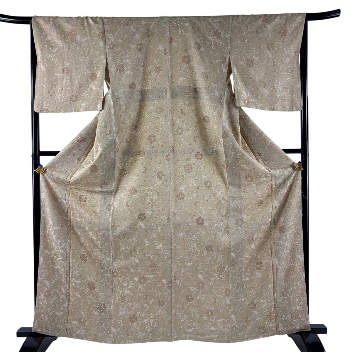 美品】 小紋 身丈163cm 裄丈67cm M 袷 草花 ベージュ 正絹 秀品｜中古