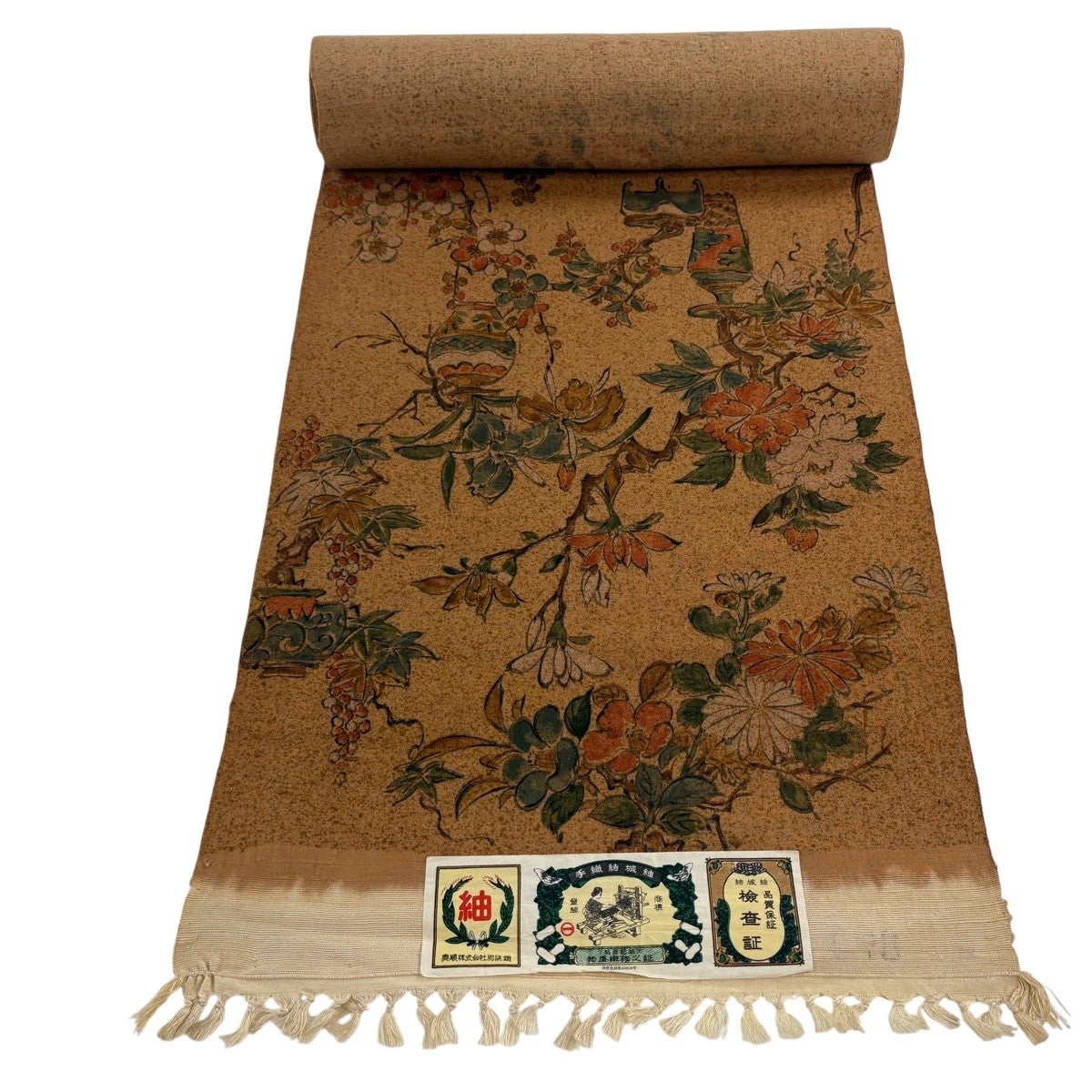 反物 秀品 小紋 草花 茶色 正絹｜中古・古着・リサイクル着物通販
