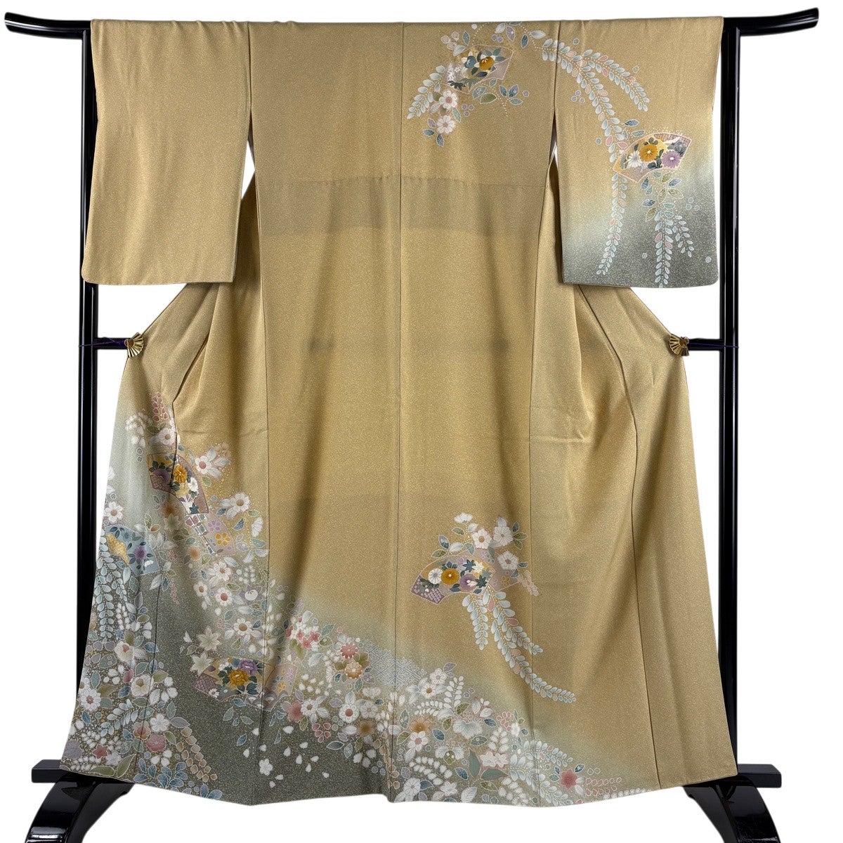 訪問着 身丈169.5cm 裄丈66cm M 袷 鈴乃屋 草花 シルエット 金糸 黄土