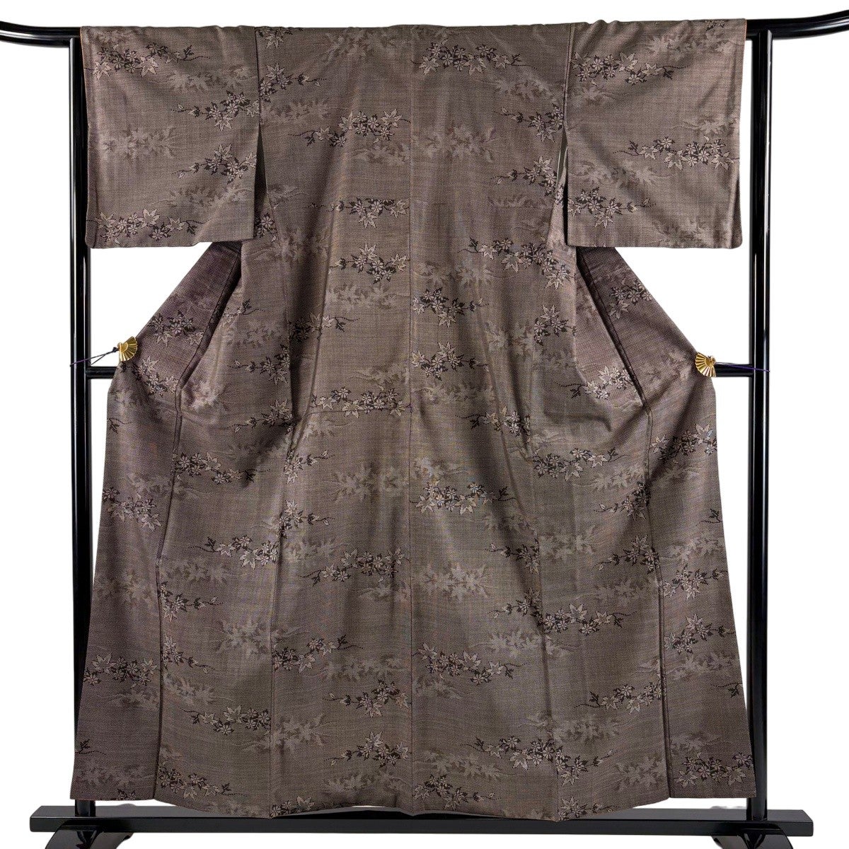 美品】 大島紬 身丈157cm 裄丈64cm M 袷 純泥染 証紙あり 楓 花 焦茶色