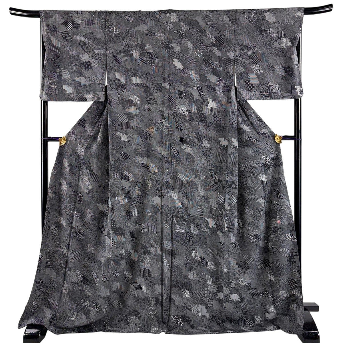 江戸小紋 身丈152cm 裄丈64cm M 袷 寄せ柄 小槌 黒灰 正絹 秀品｜中古