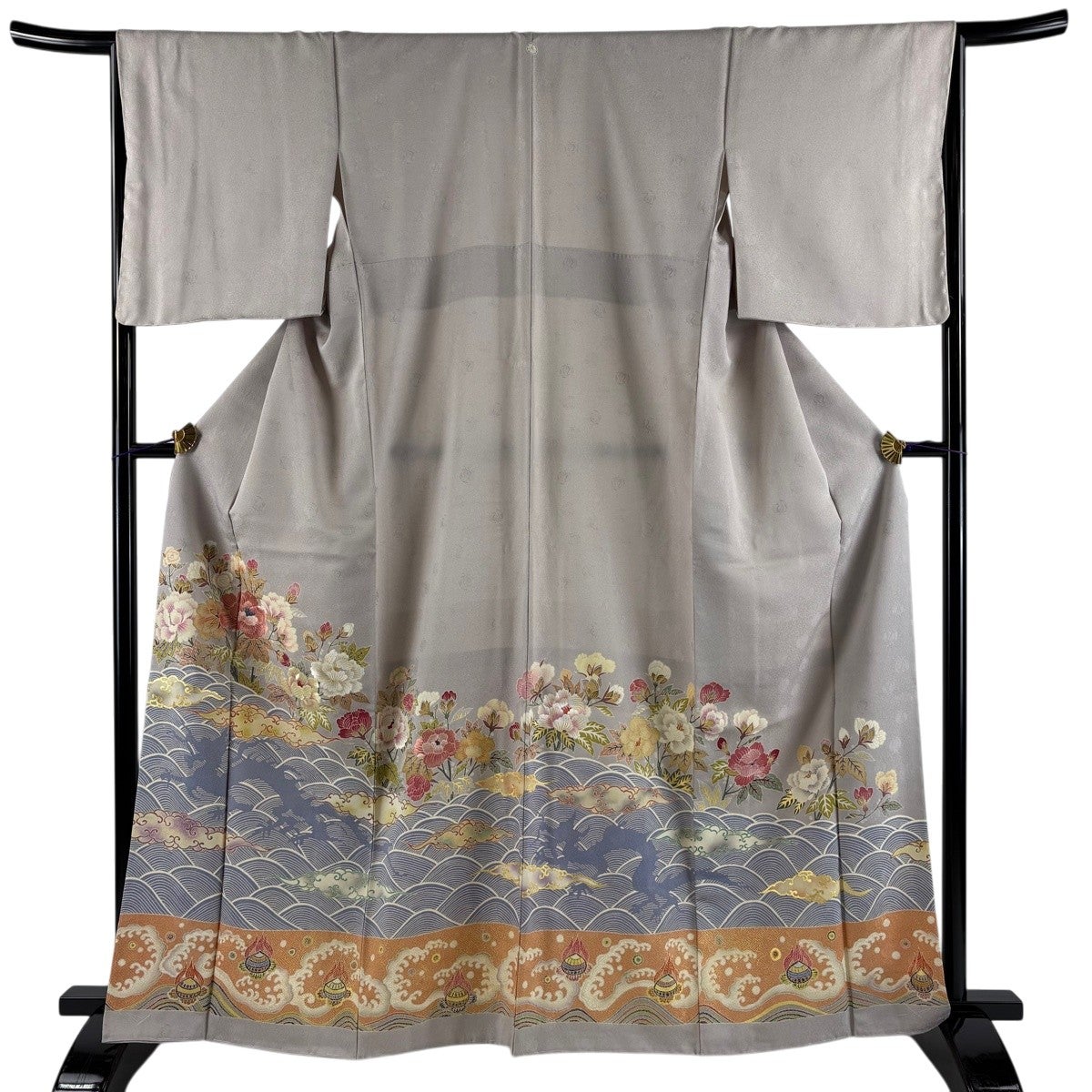 色留袖 身丈165cm 裄丈65.5cm M 袷 牡丹 雲文 金彩 刺繍 灰茶 正絹 秀