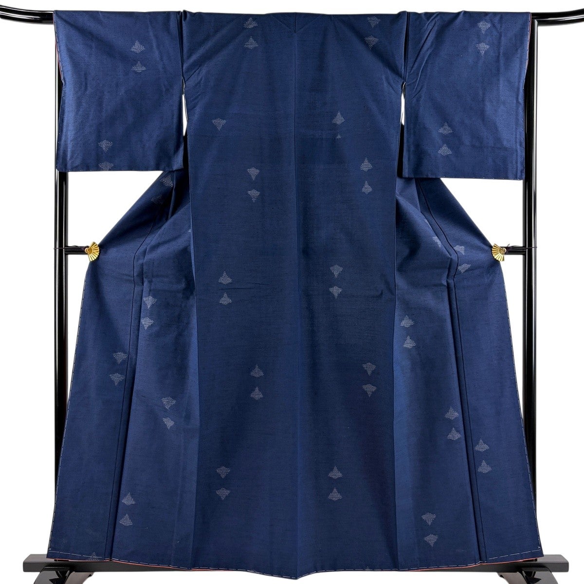 美品】 紬 身丈160cm 裄丈67cm M 袷 証紙あり 亀甲絣 幾何学模様 紺色