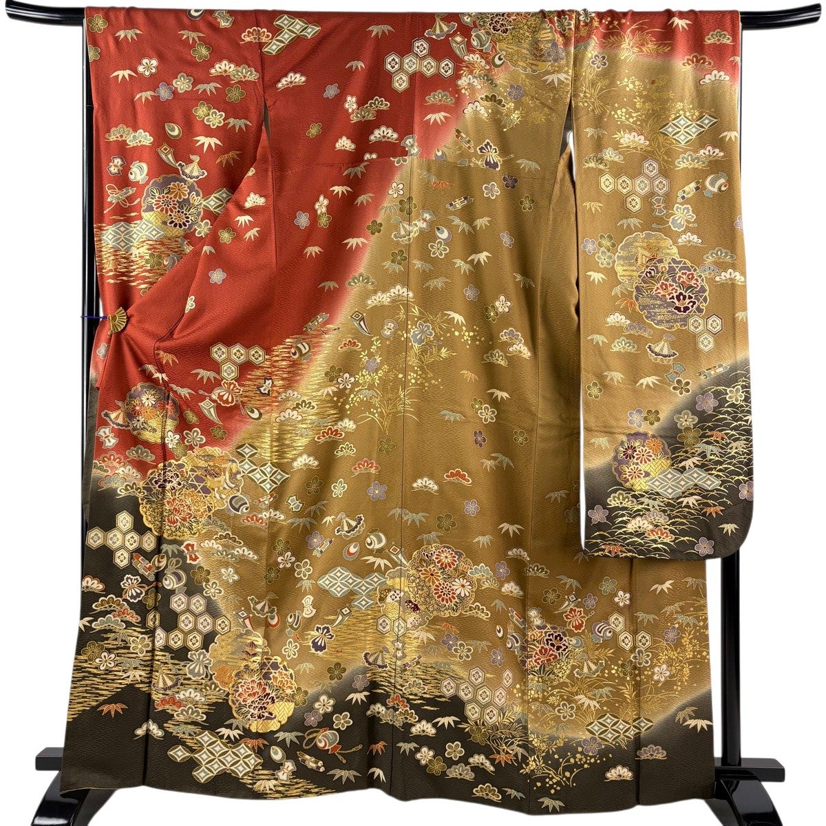 美品】 振袖 身丈169cm 裄丈69.5cm L 袷 御所車 牡丹 金彩 ぼかし 山吹