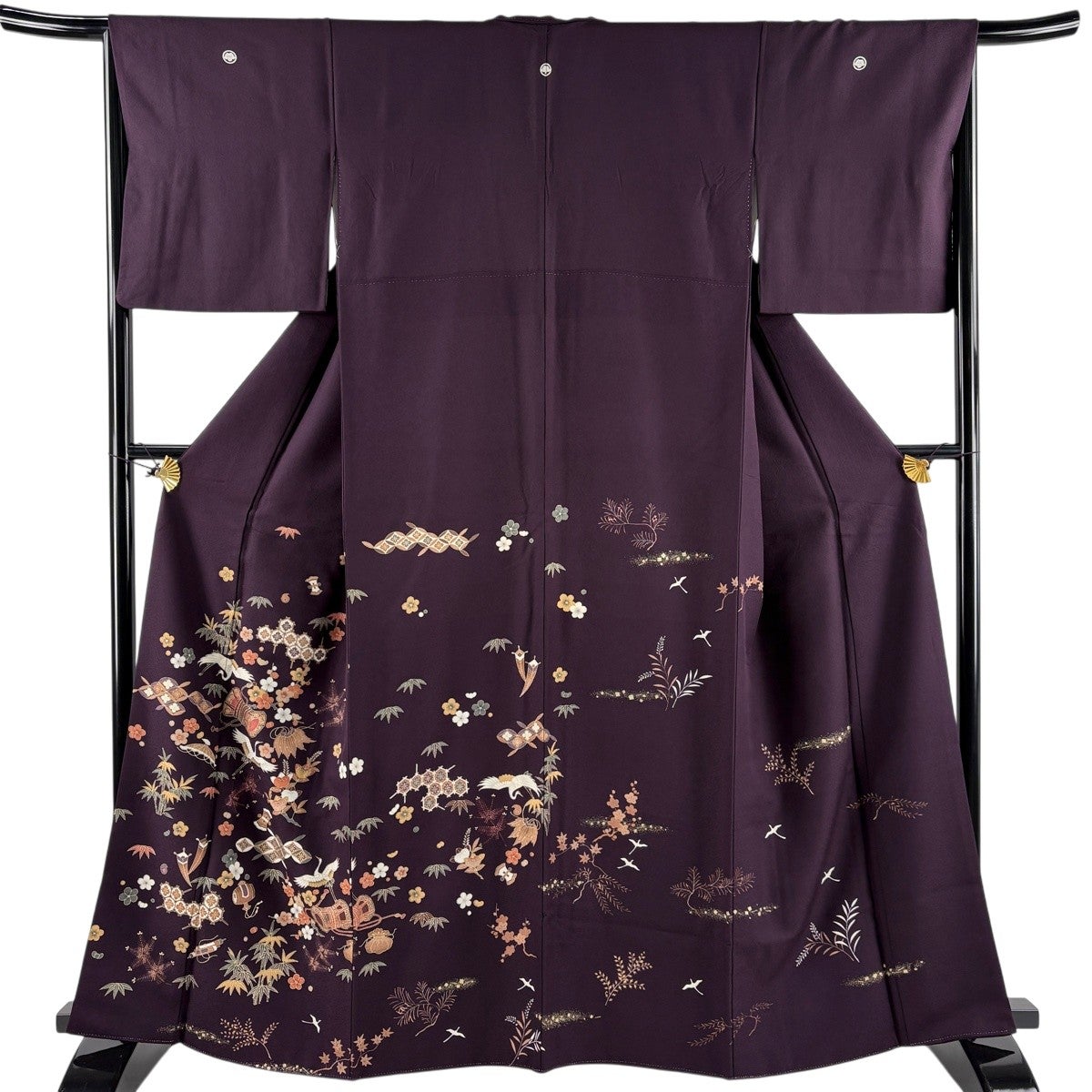 色留袖 身丈164cm 裄丈65.5cm M 袷 鶴 松竹梅 金彩 濃紫 正絹 秀品