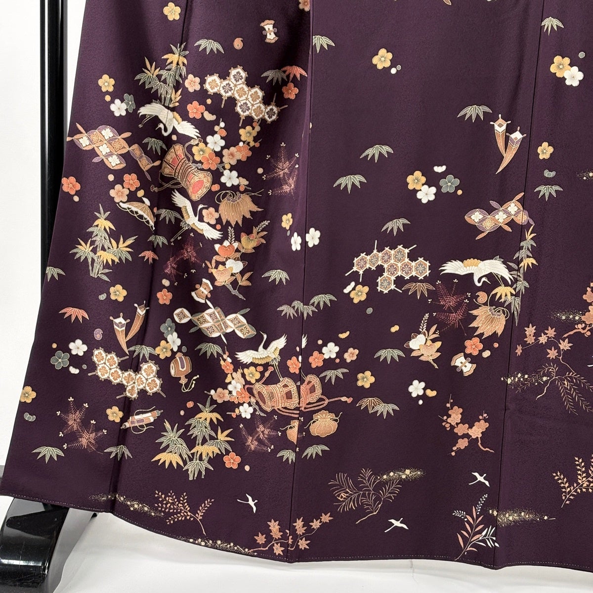 色留袖 身丈164cm 裄丈65.5cm M 袷 鶴 松竹梅 金彩 濃紫 正絹 秀品