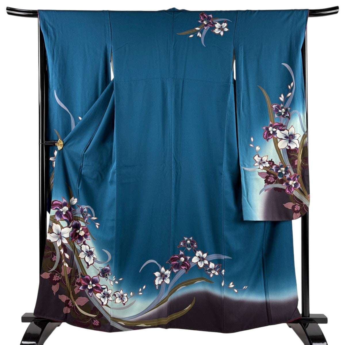 振袖 身丈162cm 裄丈67cm M 袷 草花 刺繍 金彩 青緑 正絹 秀品｜中古