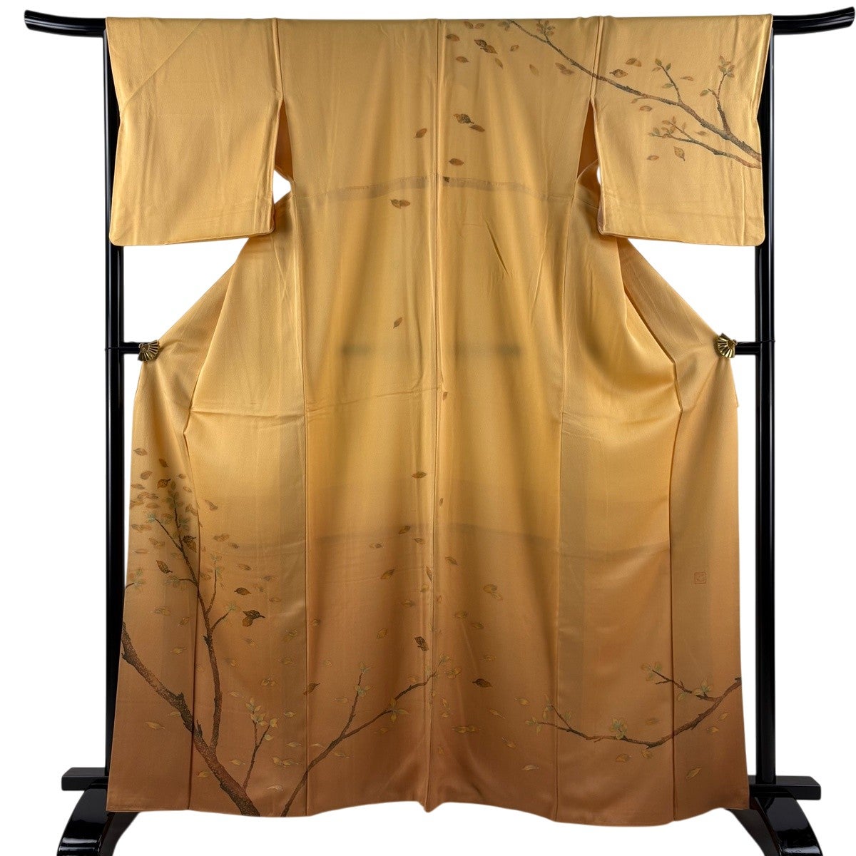 美品】 付下げ 身丈165cm 裄丈66.5cm M 袷 落款あり 枝葉 ぼかし 山吹