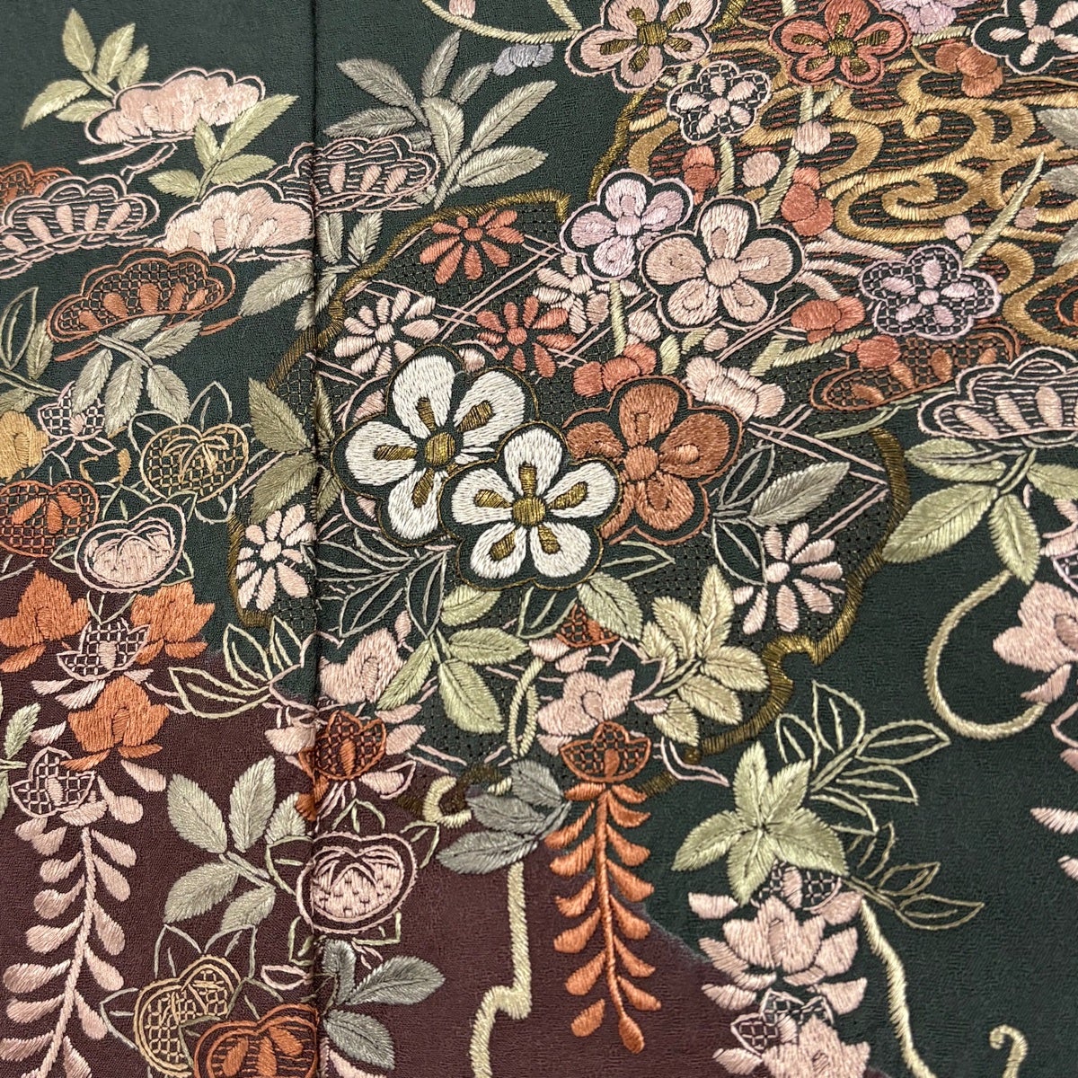 美品】 付下げ 身丈169cm 裄丈68cm L 袷 雪輪 草花 刺繍 絞り 深緑