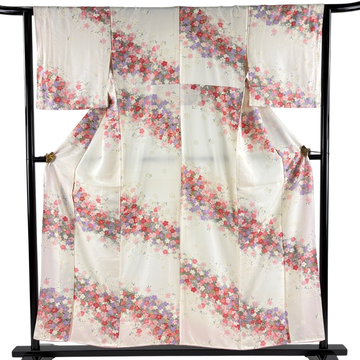 小紋 身丈153.5cm 裄丈63cm S 袷 桜 金彩 クリーム 正絹 秀品｜中古