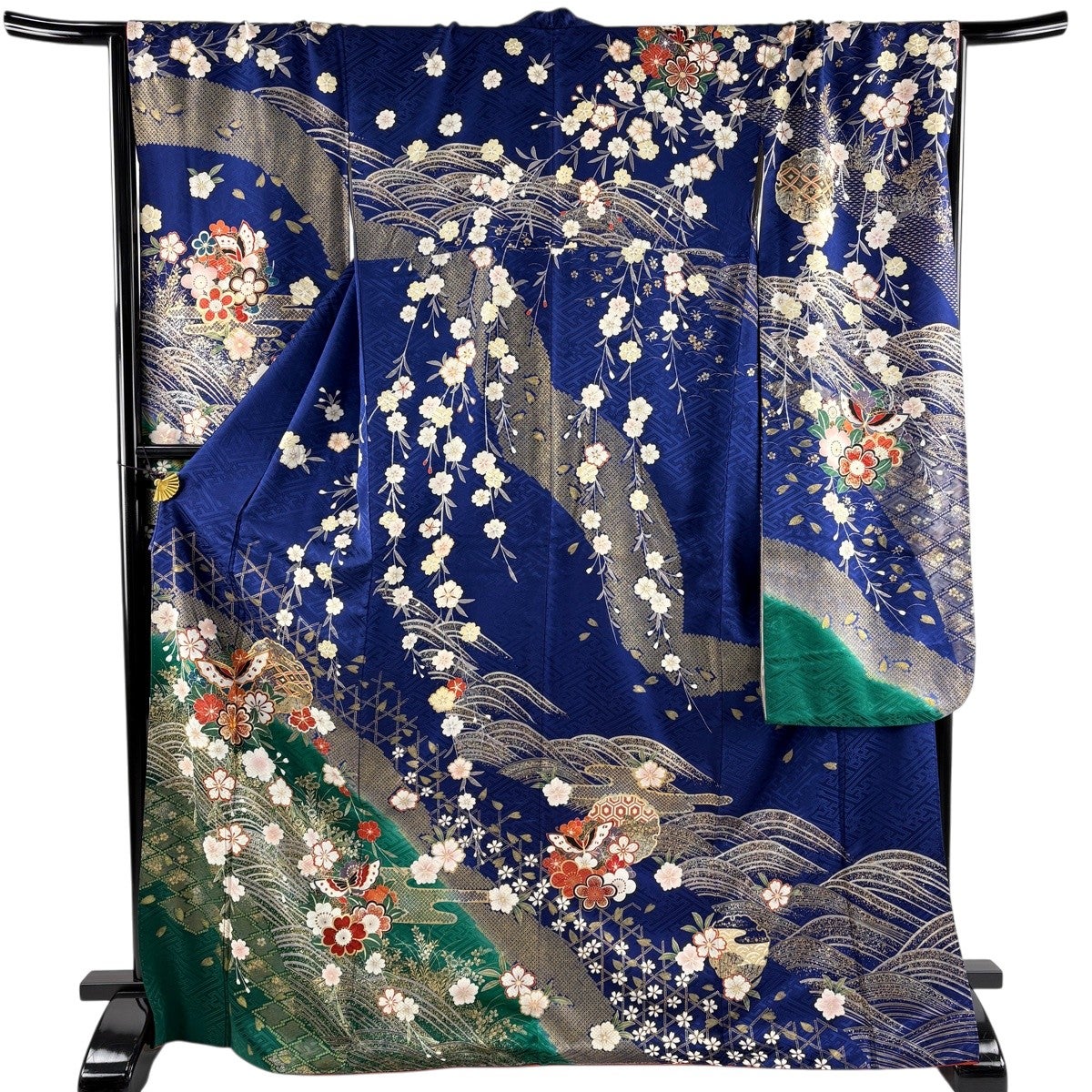 複数購入で1000円割引 新月紫紺大 アートパネル プロメテウス 振袖 身丈171cm 裄丈68cm L 袷 雪輪 蝶 金糸 金銀彩 紺色 正絹 秀品