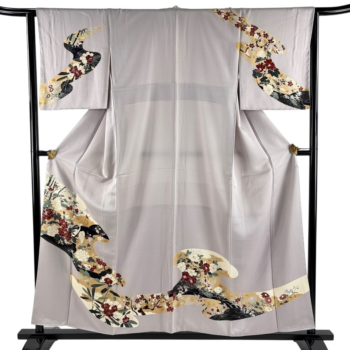 訪問着 身丈156cm 裄丈64cm M 袷 鳥 牡丹 金彩 灰紫 正絹 秀品｜中古