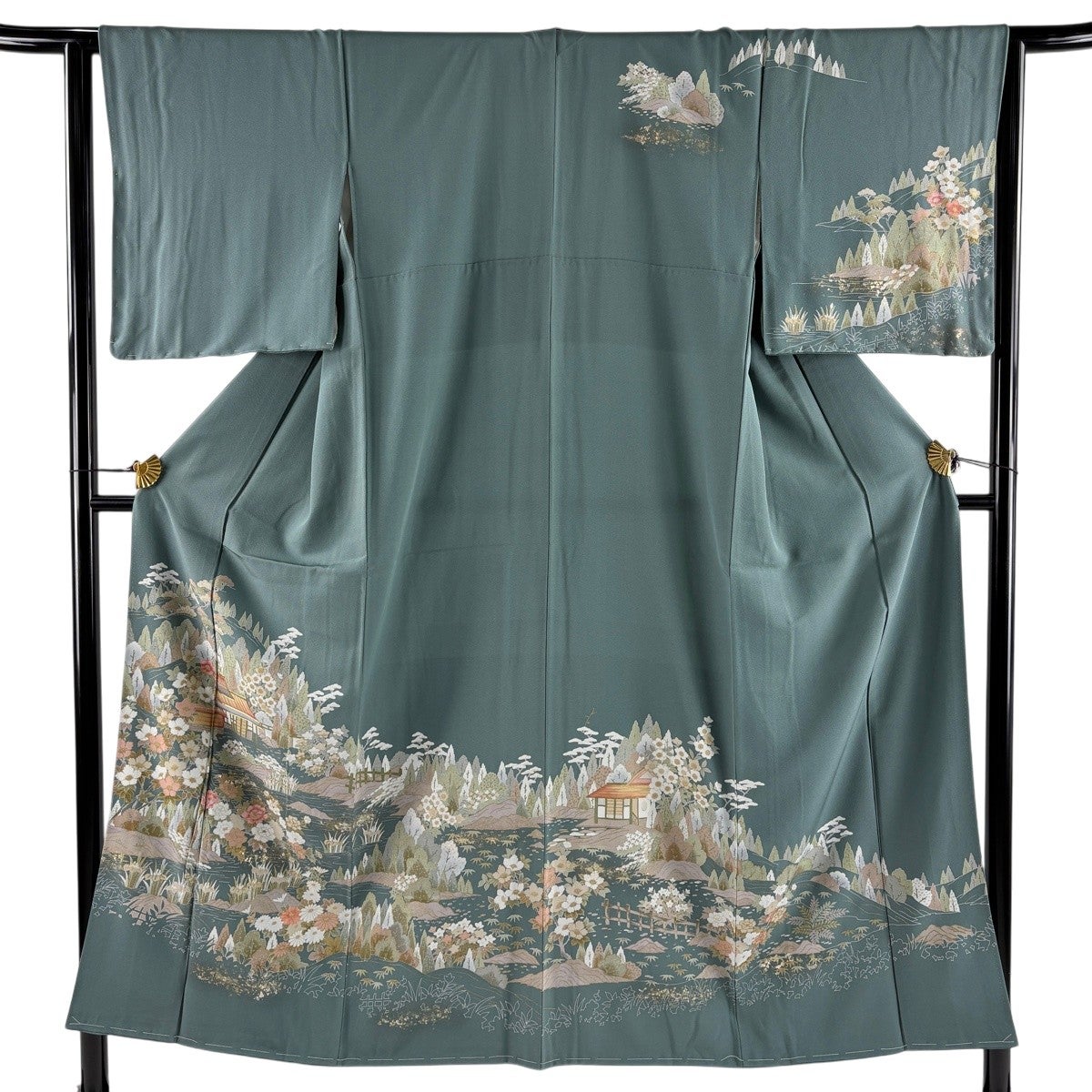 訪問着 身丈150.5cm 裄丈63cm S 袷 家屋 草花 金糸 金銀彩 灰緑 正絹