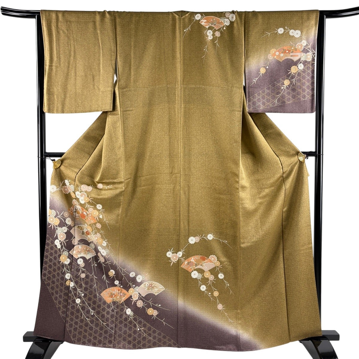 美品】 訪問着 身丈162.5cm 裄丈65.5cm M 袷 扇面 草花 金彩 染め分け
