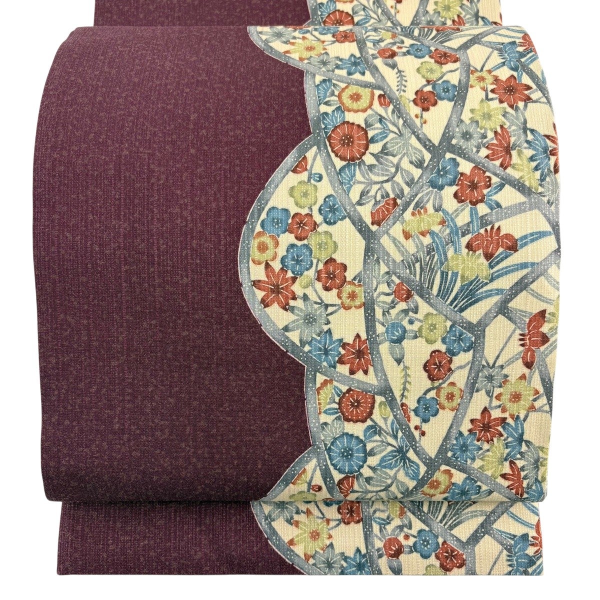 美品】 袋帯 秀品 落款 纐纈 渡文 鳥 花 灰緑 全通 正絹 【