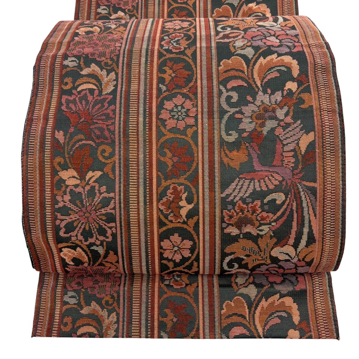 美品】 名古屋帯 優品 八寸名古屋帯 松葉仕立て 紬地 花唐草 クリーム