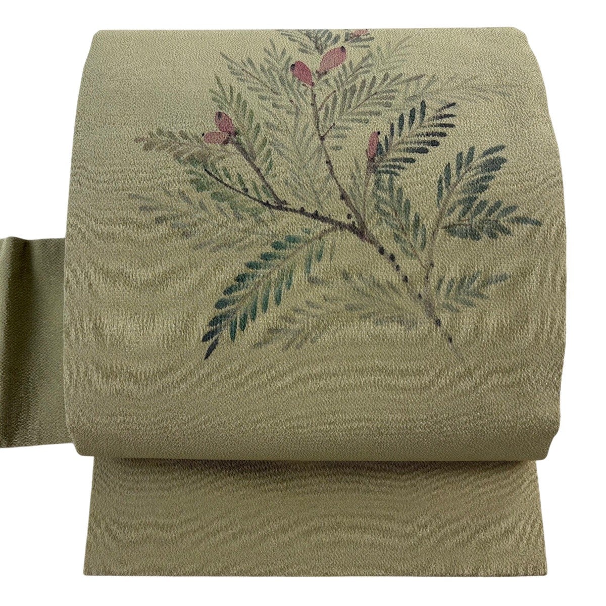 美品】 名古屋帯 優品 落款あり 髭紬地 草花 薄ピンク 正絹｜中古