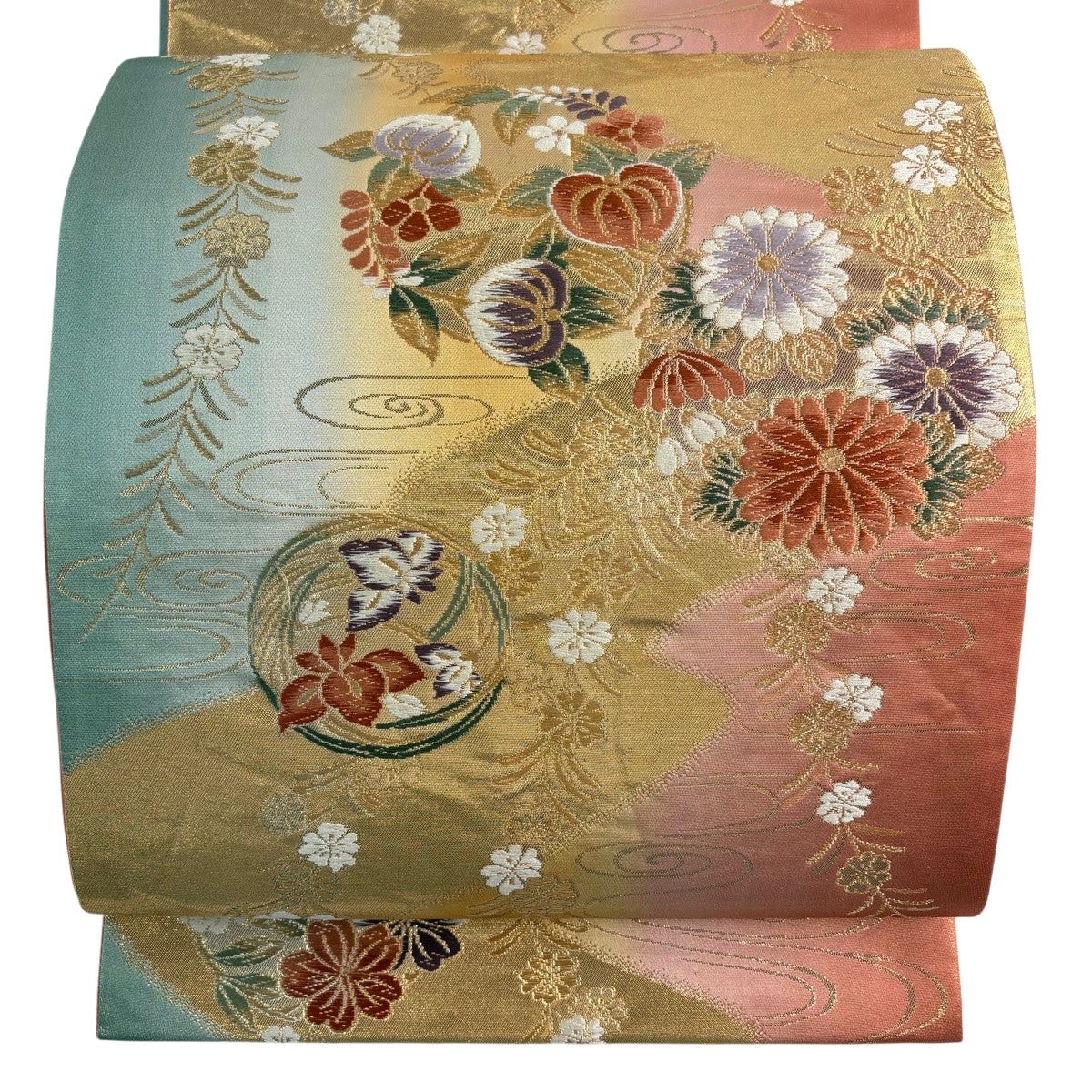 美品】 袋帯 逸品 じゅらく 落款あり 帝王紫 孔雀 草花 箔 金糸 金色