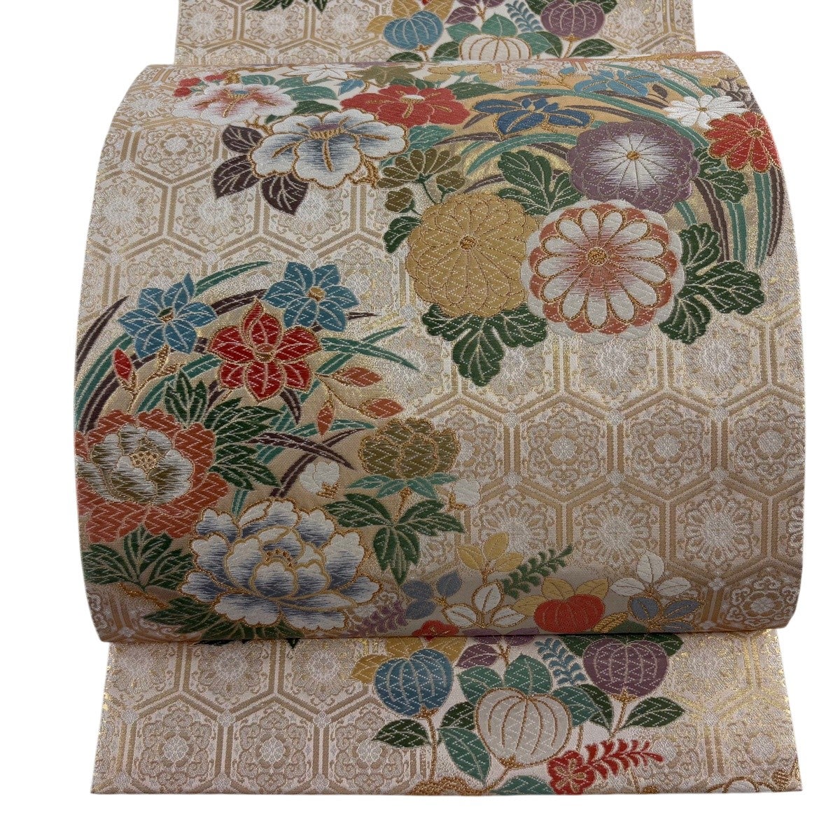 袋帯 名品 花丸文 金糸 箔 ベージュ 六通 正絹｜中古・古着