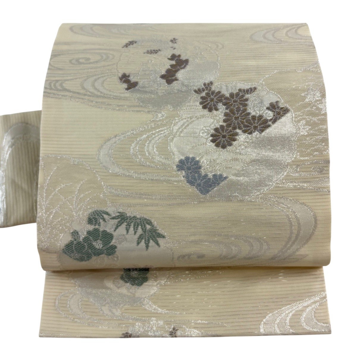 名古屋帯 名品 夏帯 絽 幾何学模様 金銀糸 クリーム 正絹｜中古・古着