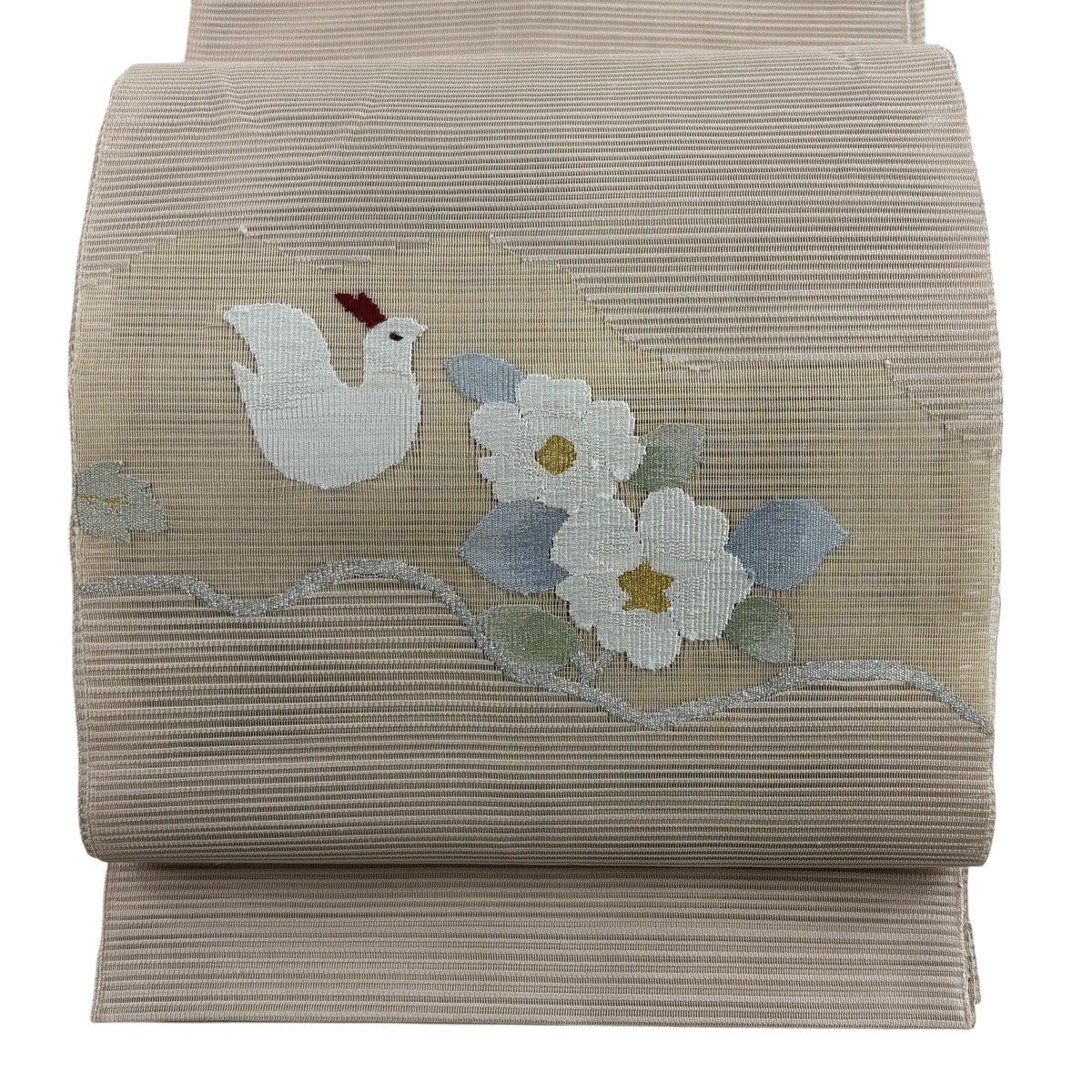 名古屋帯 秀品 夏帯 絽 草花 鳥 金銀糸 薄茶色 正絹｜中古・古着