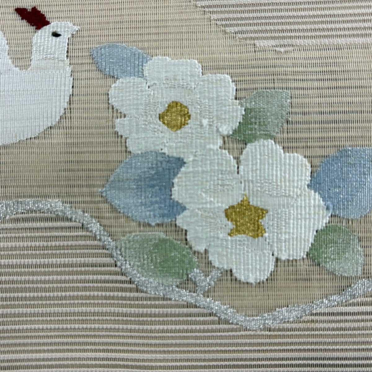 名古屋帯 秀品 夏帯 絽 草花 鳥 金銀糸 薄茶色 正絹｜中古・古着