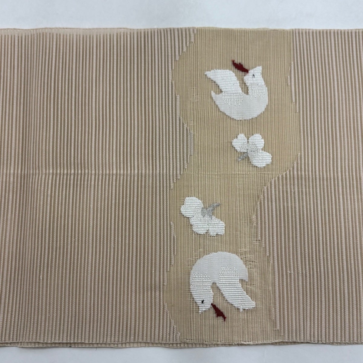 名古屋帯 秀品 夏帯 絽 草花 鳥 金銀糸 薄茶色 正絹｜中古・古着