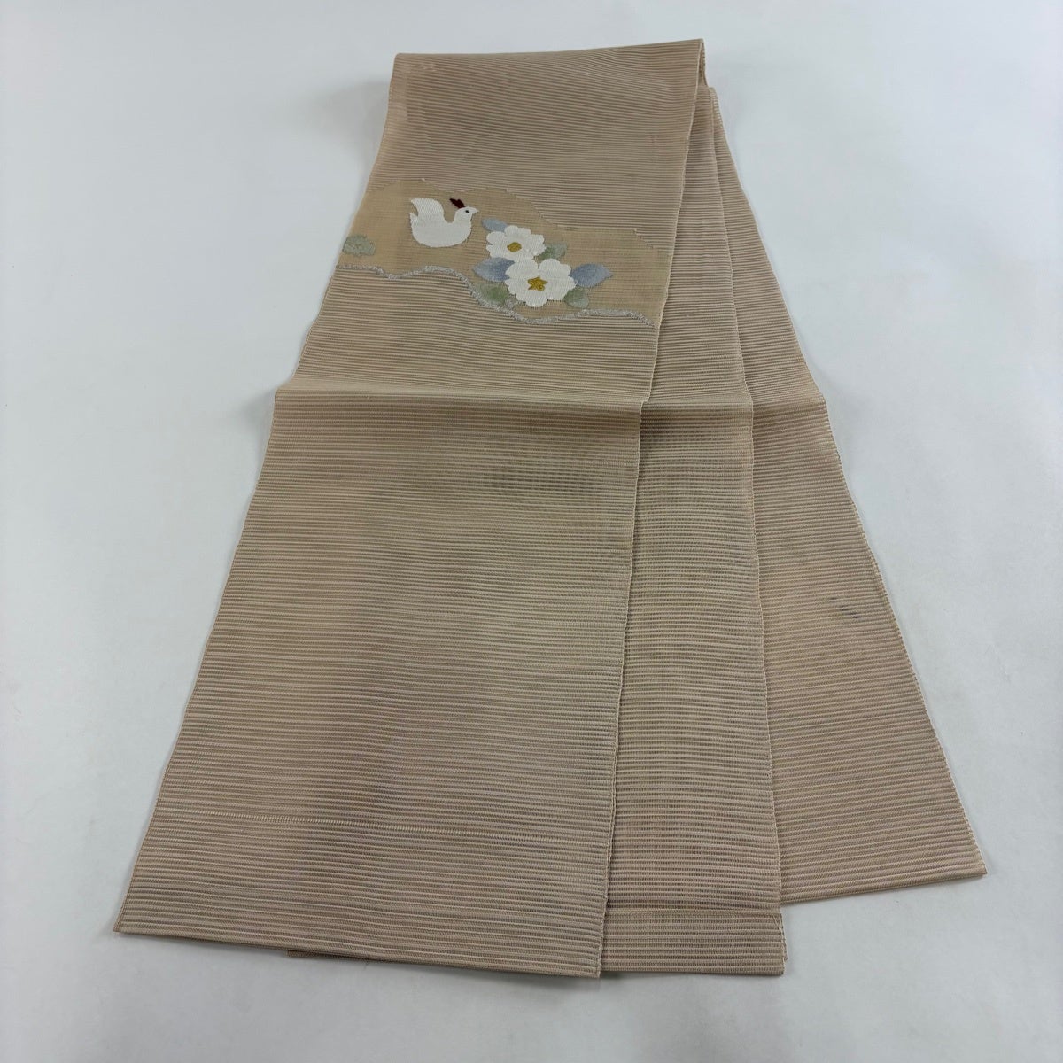 名古屋帯 秀品 夏帯 絽 草花 鳥 金銀糸 薄茶色 正絹｜中古・古着