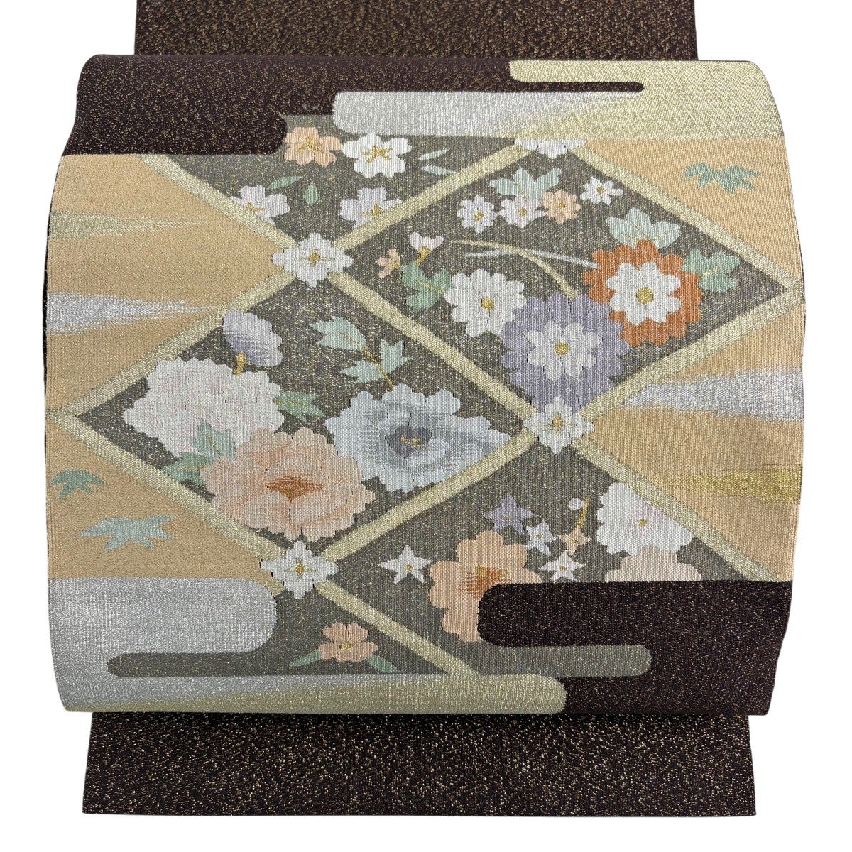 美品】 名古屋帯 秀品 八寸名古屋帯 草花 ヱ霞 金銀糸 箔 焦茶色 正絹