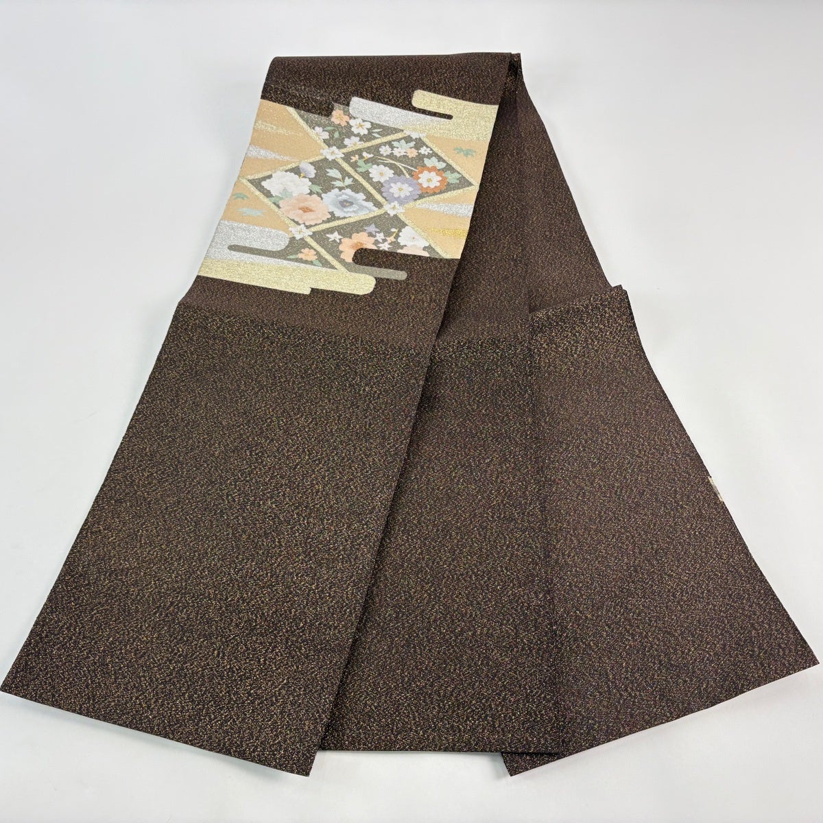 美品】 名古屋帯 秀品 八寸名古屋帯 草花 ヱ霞 金銀糸 箔 焦茶色 正絹