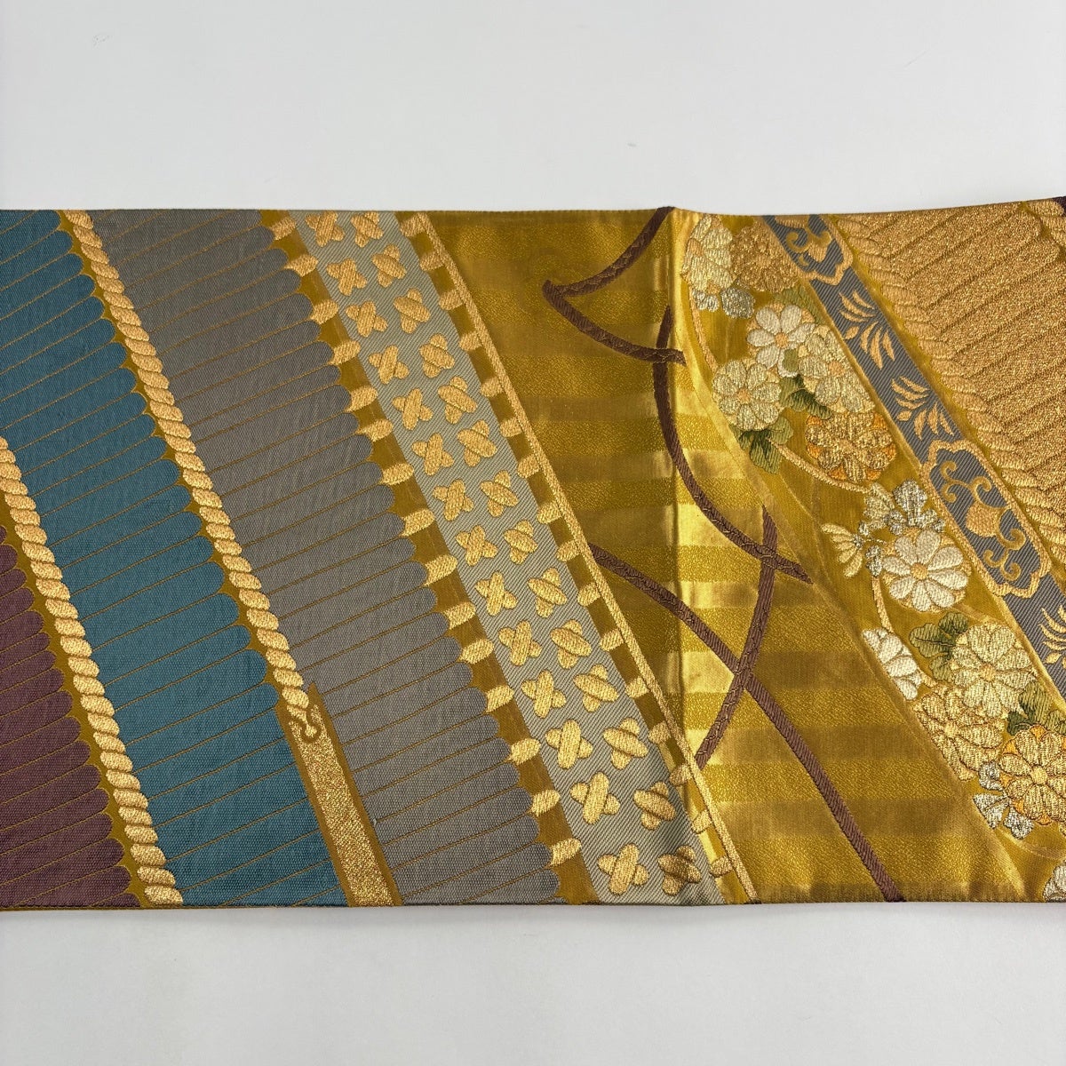 美品】 袋帯 秀品 菊 幾何学 金糸 箔 黄土色 六通 正絹｜中古・古着