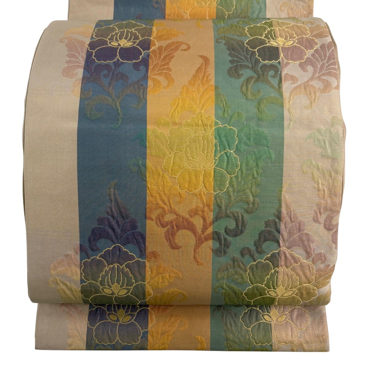 袋名古屋帯 秀品 比翼仕立て 花唐草 縞 灰茶 正絹｜中古・古着