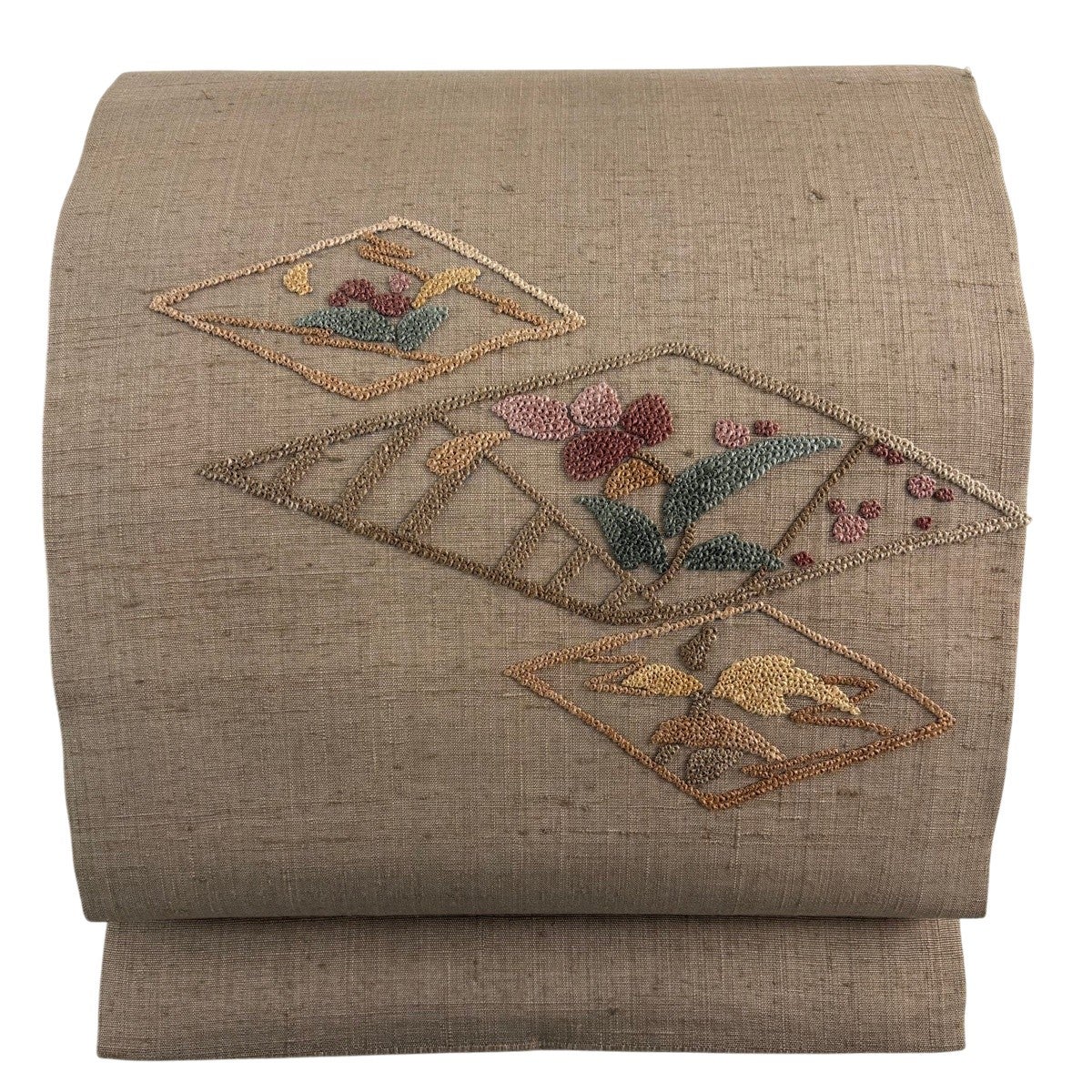 美品】 名古屋帯 秀品 紬地 草花 菱 相良刺繍 灰茶 正絹｜中古・古着
