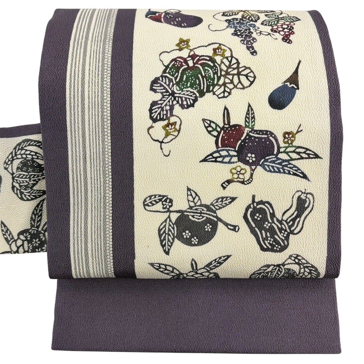 名古屋帯 秀品 茄子 生り物 縮緬 クリーム 正絹｜中古・古着
