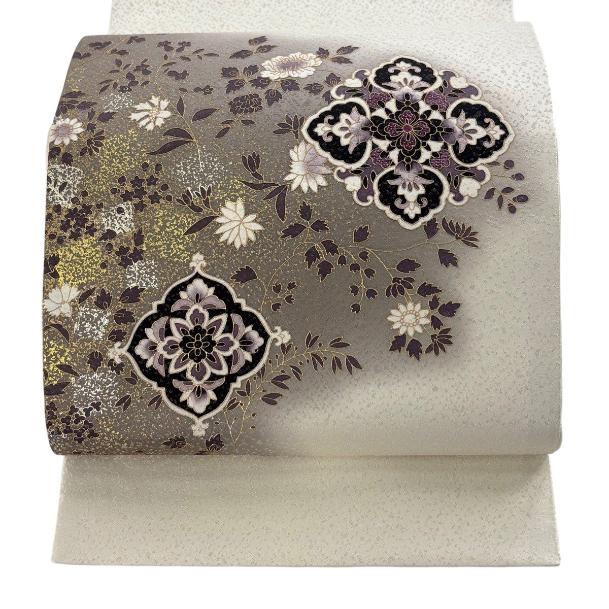 袋帯 秀品 夏帯 絽 草花 雪芝 箔 金銀糸 クリーム お太鼓柄 正絹｜中古