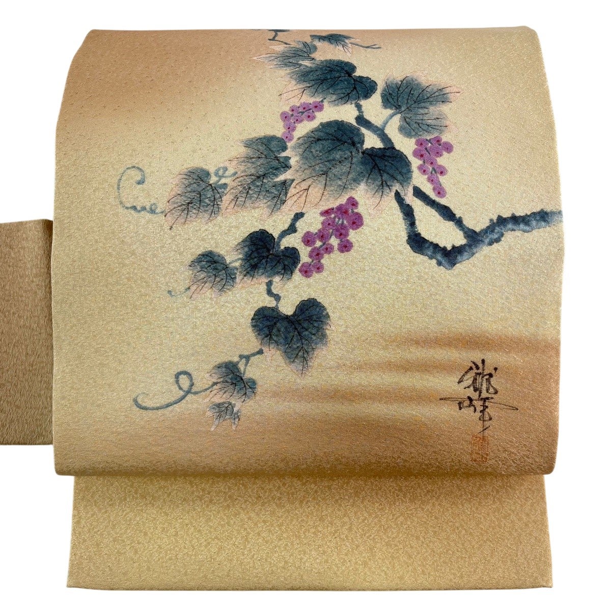 アンティーク　美品　名古屋帯　刺繍　リーフ　木の実　着物　121a o 美品】 名古屋帯 秀品 落款あり 葉と実 霞 薄黄 正絹｜中古・古着