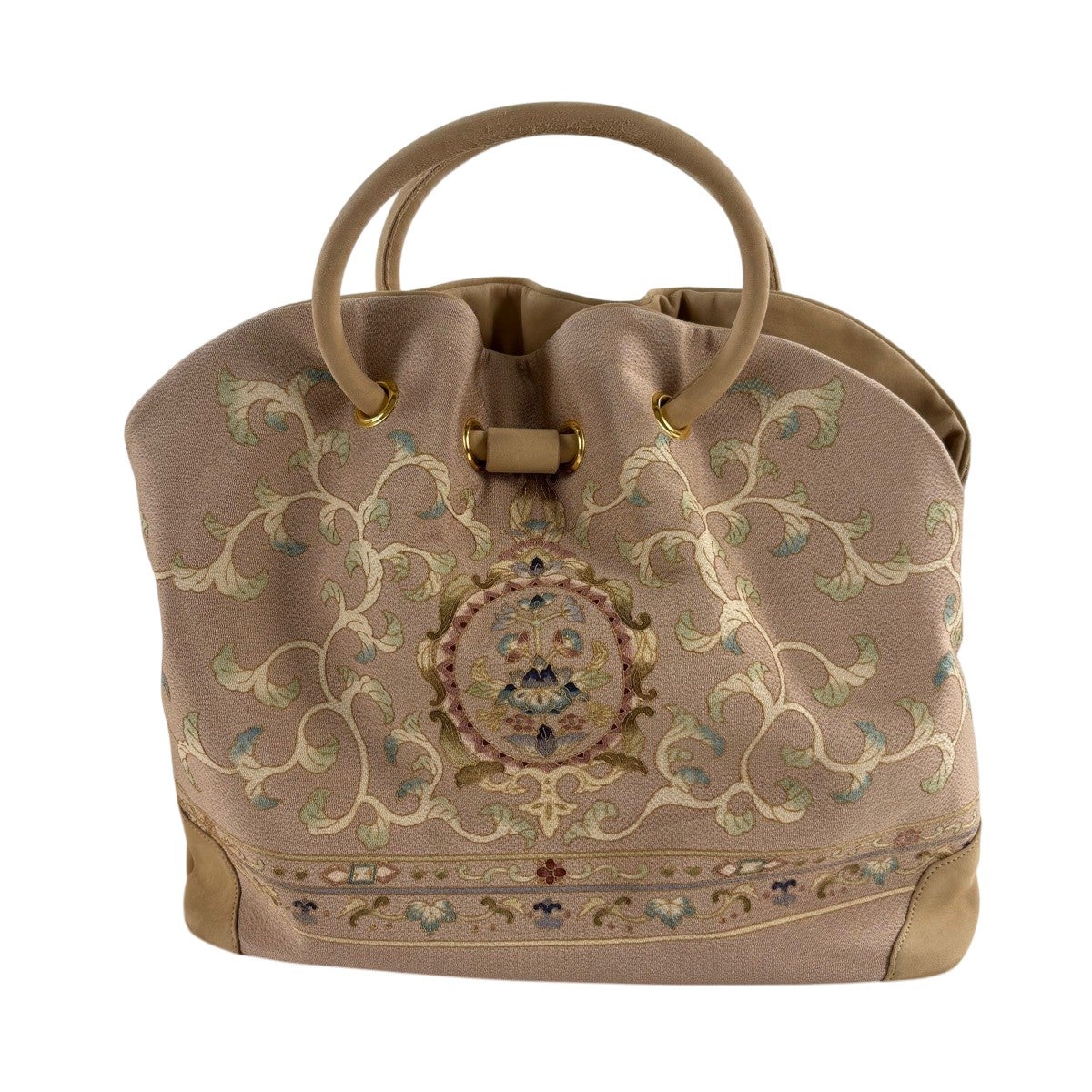 未使用品　OKAJIMA 和装バッグ 逸品 孔雀 草花 金彩 縮緬 正絹 和装バッグ 逸品 OKAJIMA セミフォーマル 象 草花 金彩 縮緬 灰色 正絹