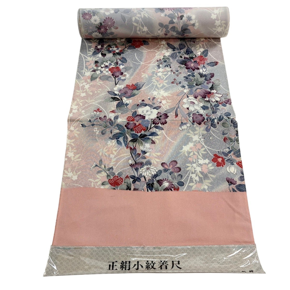 小紋反物　新品未仕立て　赤　ピンク　グレー　薄紫　桜　J33 Prices down2）袷着物 単品「ピンクぼかし 薔薇と桜」フリーサイズ