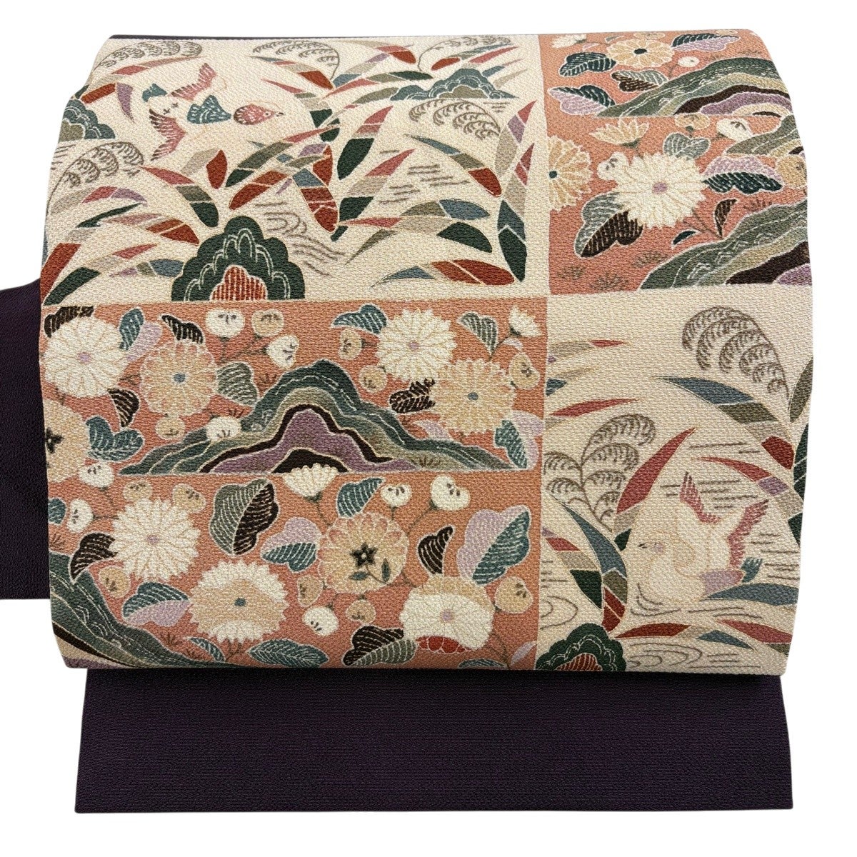 名古屋帯 秀品 草花 鳥 金彩 縮緬 紫 正絹｜中古・古着・リサイクル