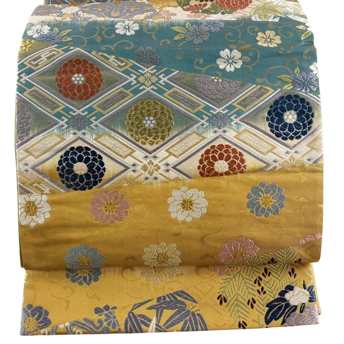 美品】 袋帯 秀品 華文 花唐草 刺繍 鶯色 お太鼓柄 正絹｜中古・古着