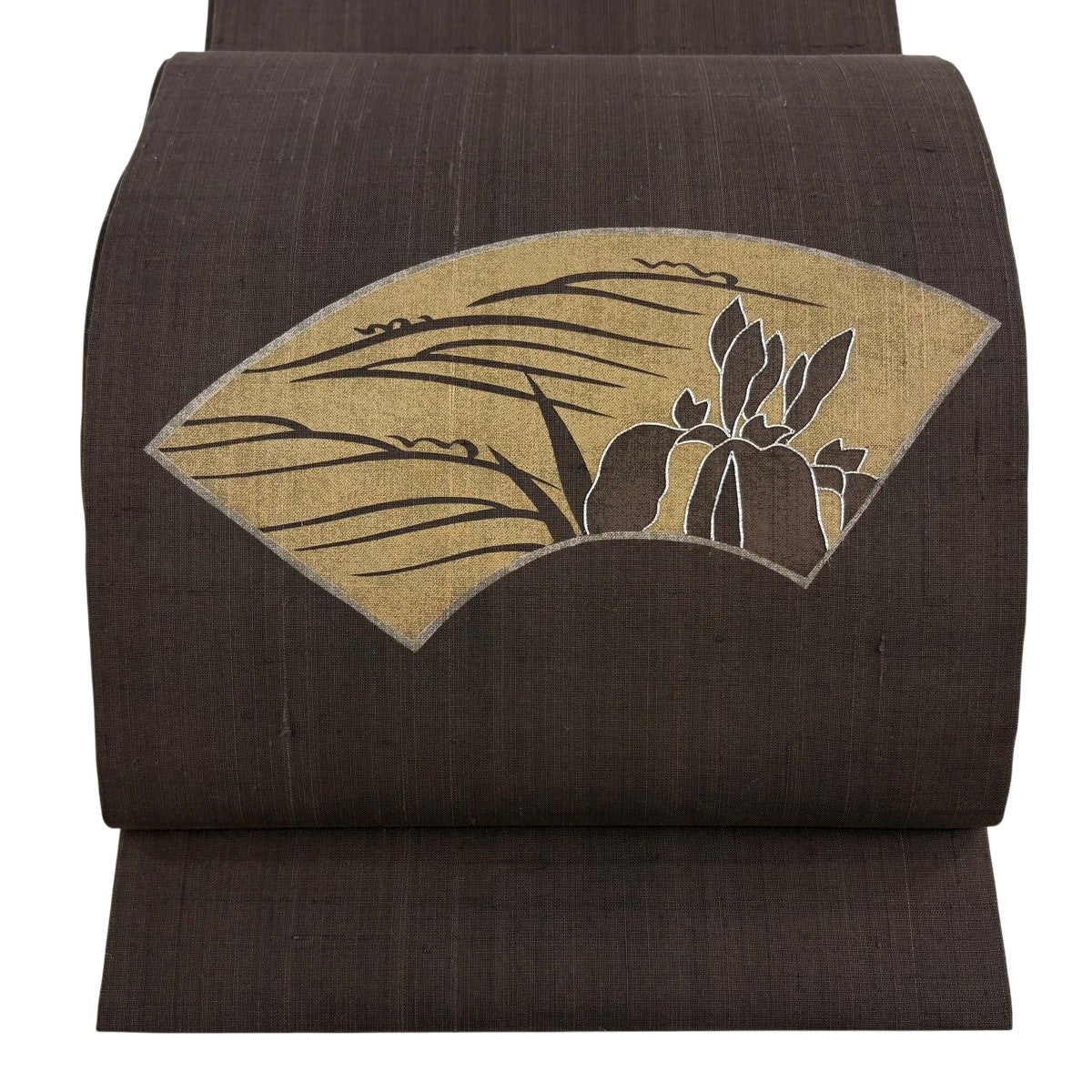 美品】 開き名古屋帯 秀品 扇面 菖蒲 銀糸 金彩 焦茶色 正絹｜中古