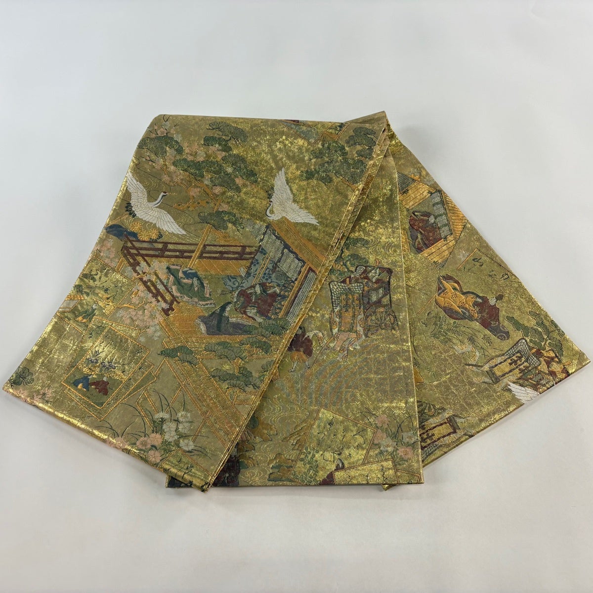 美品】 袋帯 秀品 鈴乃屋 伊勢物語絵巻 人物 箔 金糸 金色 六通 正絹