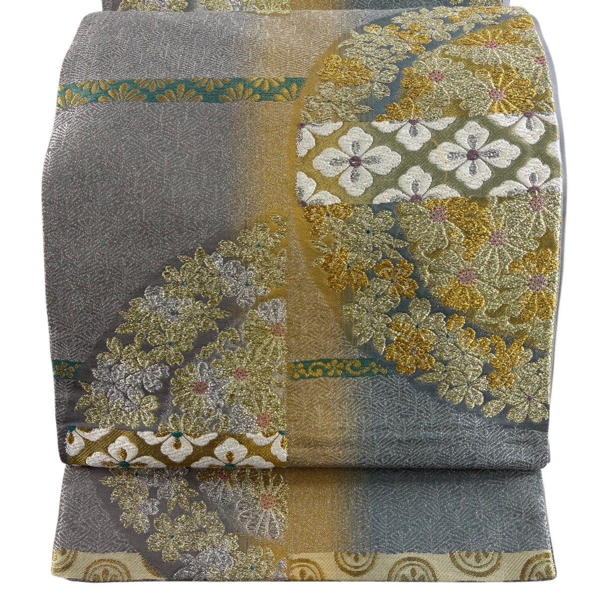 美品】 袋帯 秀品 花菱 菊唐草 金銀糸 唐織 灰色 六通 正絹｜中古
