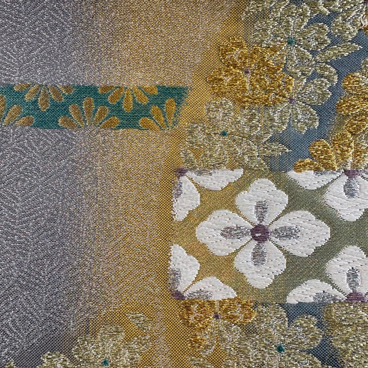 美品】 袋帯 秀品 花菱 菊唐草 金銀糸 唐織 灰色 六通 正絹｜中古