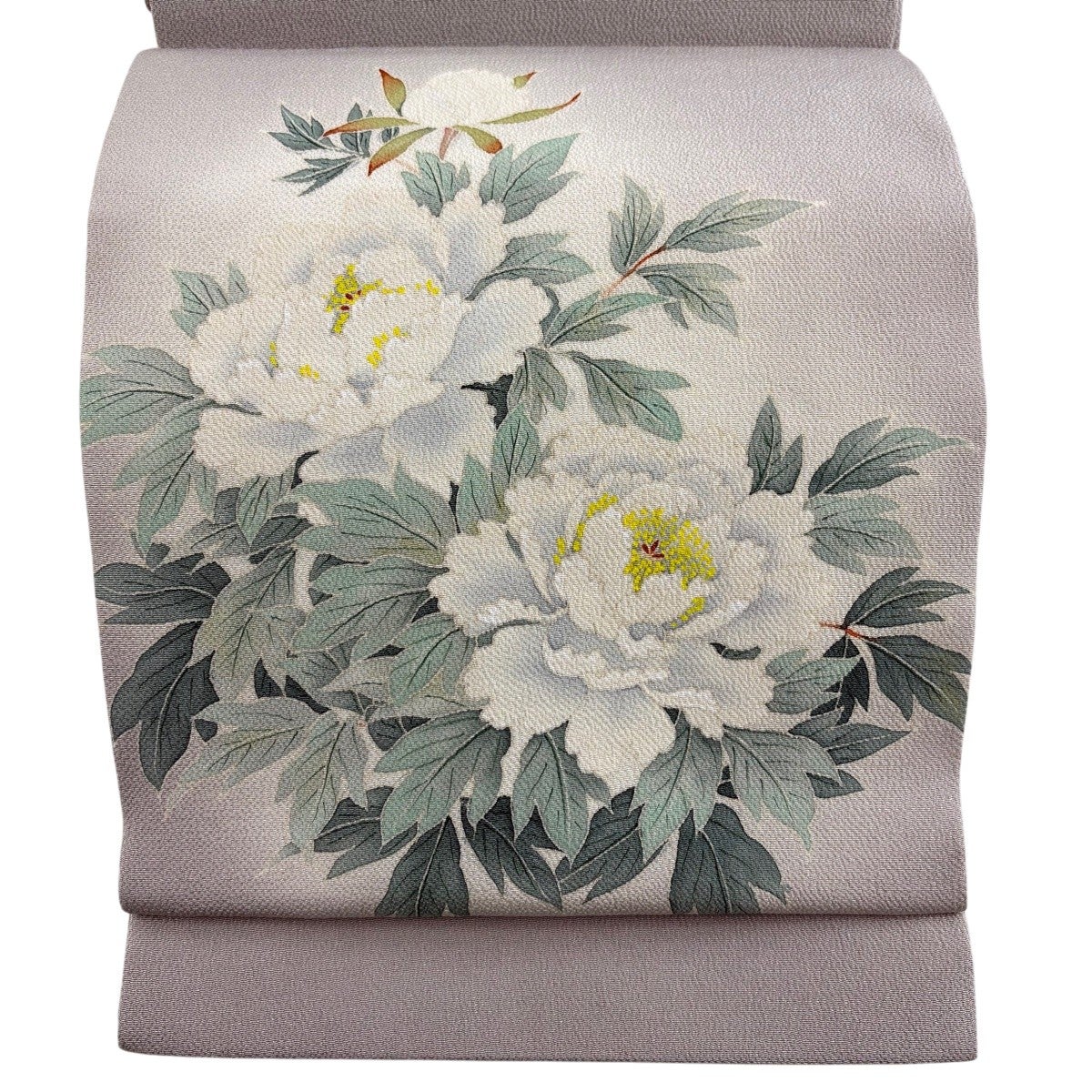 Ｍ*。様 名古屋帯 花柄 グレー系 牡丹 開き名古屋帯 秀品 落款あり 牡丹 縮緬 灰色 正絹｜中古・古着